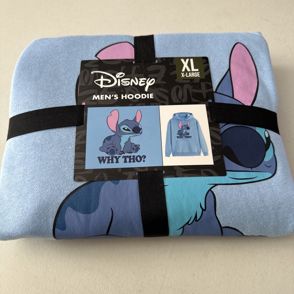 Disney Stitch Why Tho Graphic Print Men's Pullover Hoodie XL Light Blue Fleece